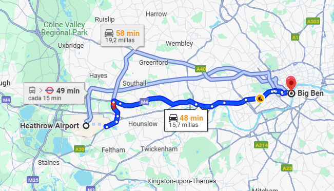 Distancia entre el Aeropuerto Heathrow y el centro de Londres