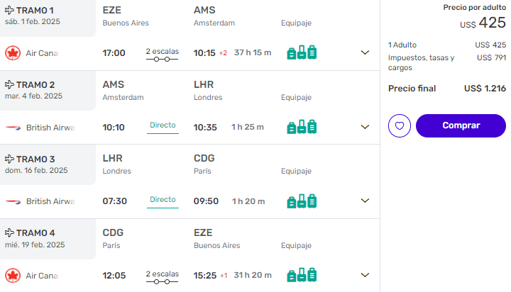 vuelo Multidestino a Europa: Ámsterdam + Londres + París con equipaje