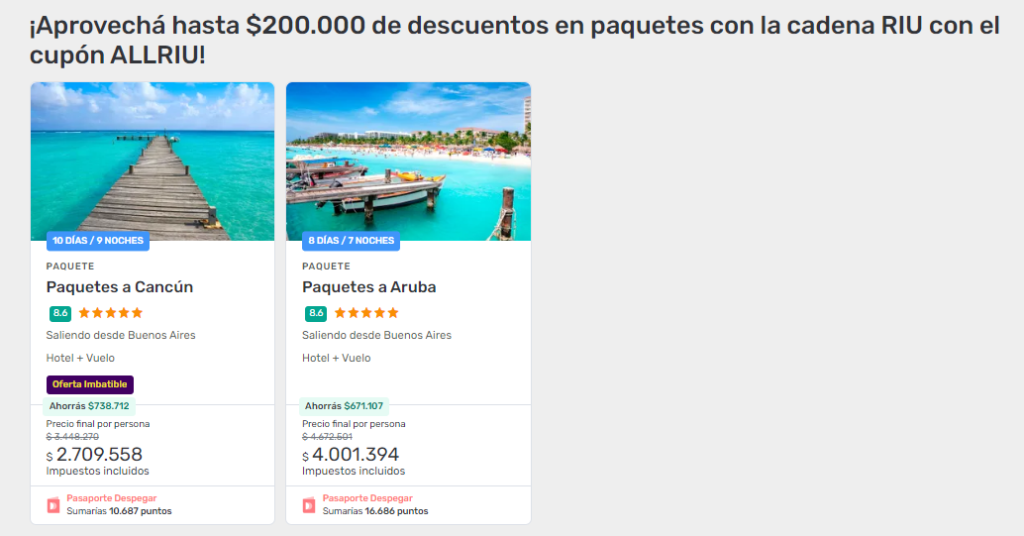 descuento en paquetes a Cancún y Aruba con el código ALLRIU