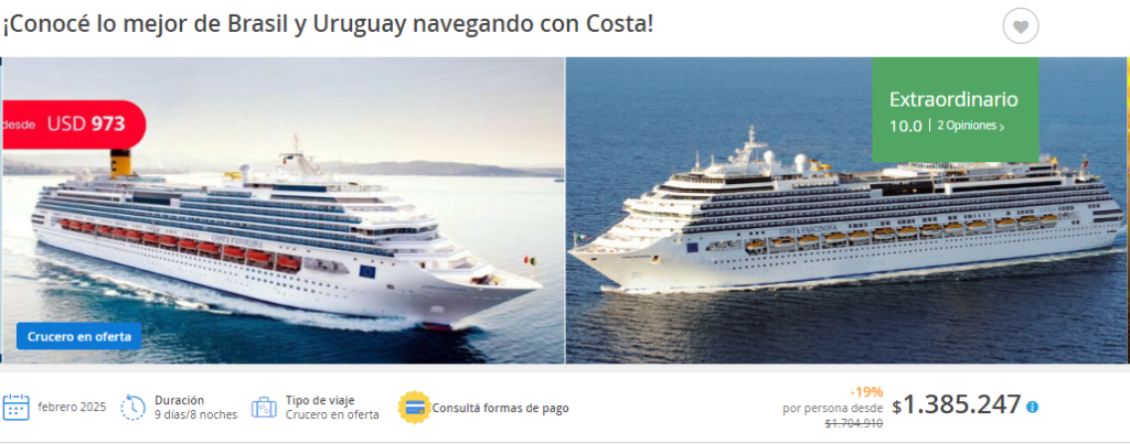 Crucero por Brasil y Uruguay con pensión completa desde Buenos Aires