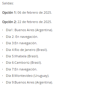 Itinerario crucero por Brasil y Uruguay con pensión completa