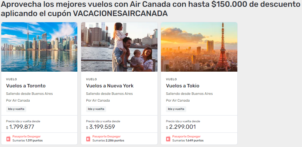 
descuento en vuelos a Nueva York Toronto o Tokio con el código VACACIONESAIRCANADA
