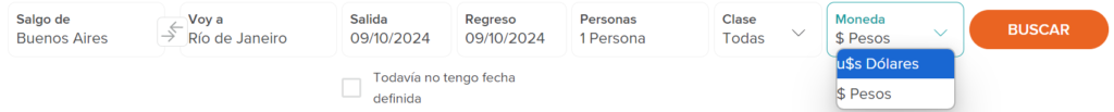 cambiar la moneda (pesos o dólares) en la que se muestra el valor del vuelo 