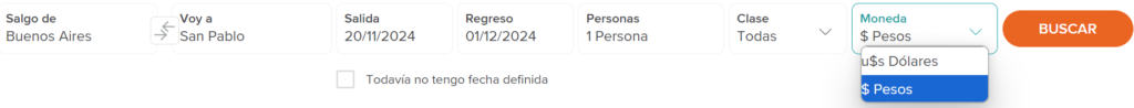 cambiar la moneda (pesos o dólares) en la que se muestra el valor del vuelo 