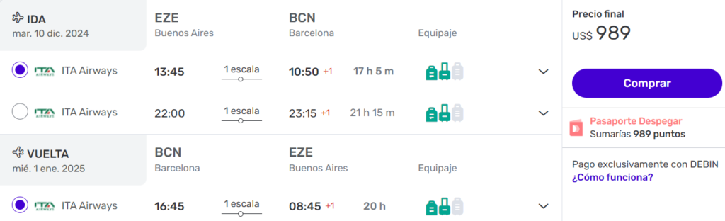 Vuelos a Barcelona con carry on desde Buenos Aires