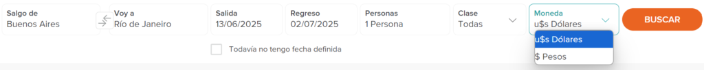 cambiar la moneda (pesos o dólares) en la que se muestra el valor del vuelo