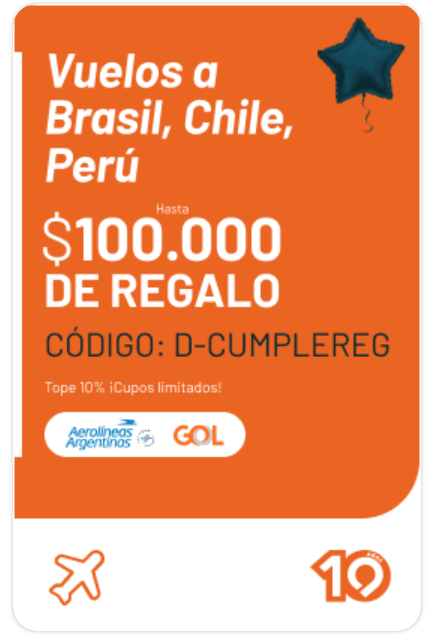 descuento en vuelos a Brasil, Chile y Perú con el código D-CUMPLEREG 