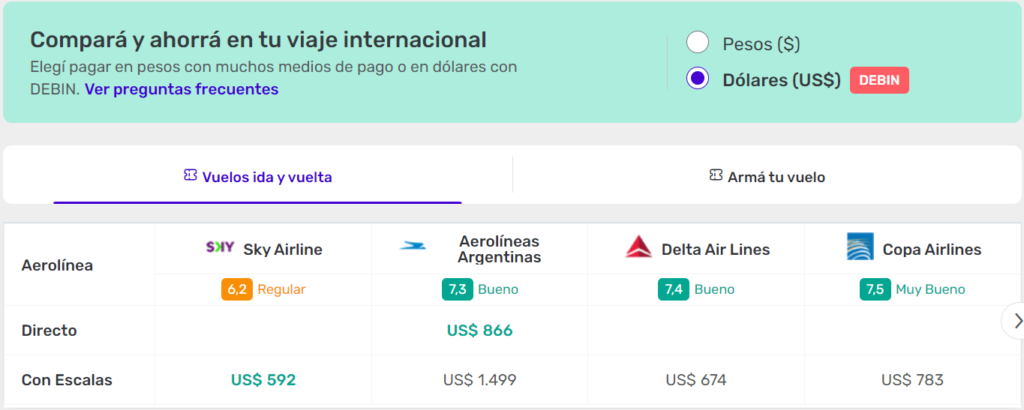 cambiar la moneda (pesos o dólares) en la que se muestra el valor del vuelo