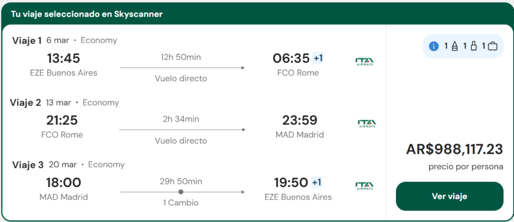 ¡Sigue este imperdible multidestino! Roma + Madrid con equipaje a partir de U$D 1.080 desde Bs. As. ✈️