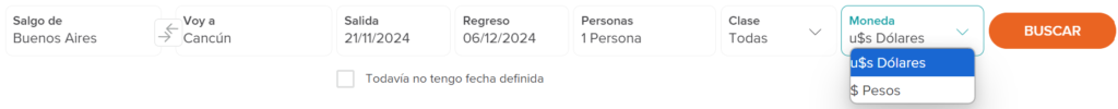 cambiar la moneda (pesos o dólares) en la que se muestra el valor del vuelo