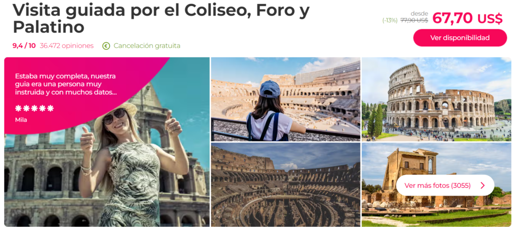 Visita guiada por el Coliseo, Foro y Palatino con guía en español a partir de U$D 68