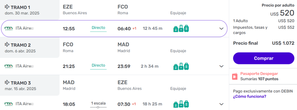 Roma + Madrid con equipaje y casi todos los tramos directos a partir de U$D 1.072 ð¥ð¥ desde Buenos Aires ✈️