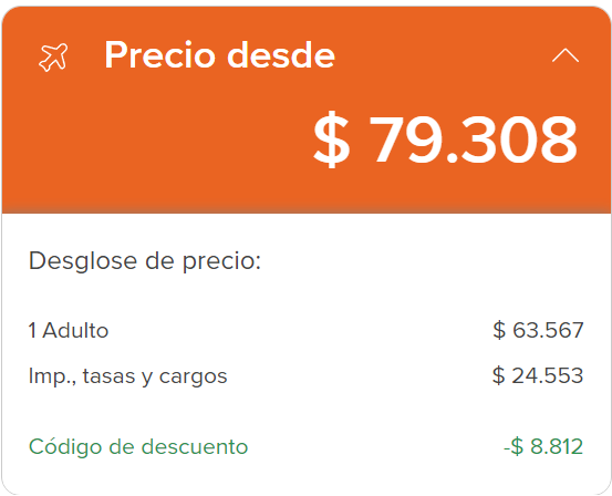 Ejemplo del precio del vuelo con el cupón aplicado