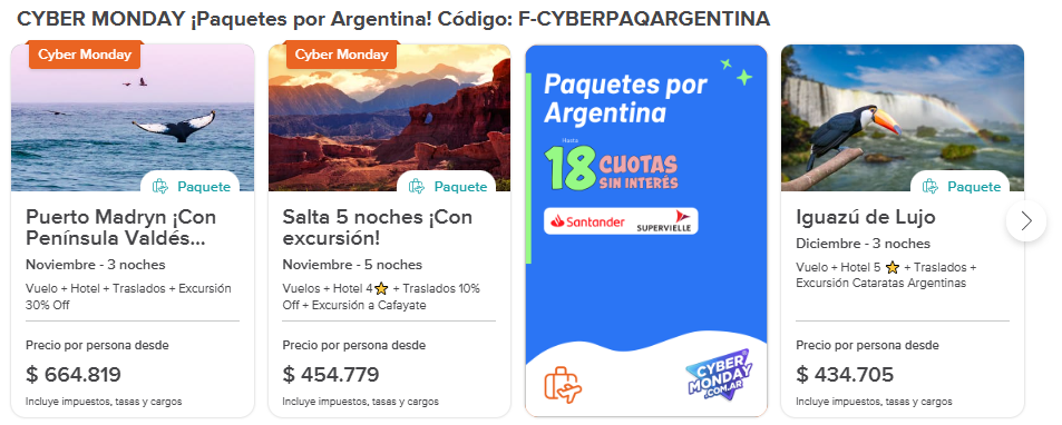 Cyber Monday Sigue el cupón de descuento en Paquetes por Argentina Cuotas Sin Interés