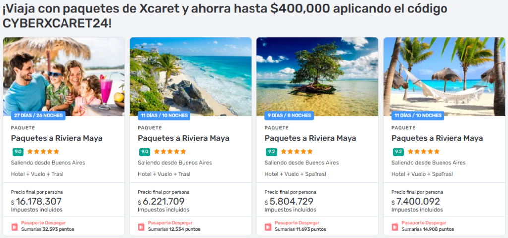 Cyber Monday descuento en Paquetes a Riviera Maya con el código CYBERXCARET