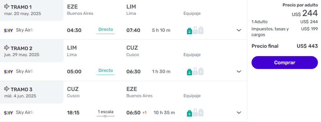 Buenas tarifas de vuelos a Lima Cusco desde Buenos Aires