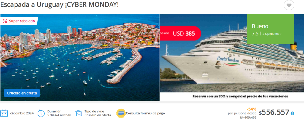 Cyber Monday dos opciones imperdibles de cruceros a Uruguay con paquete de bebidas gratis desde Buenos Aires