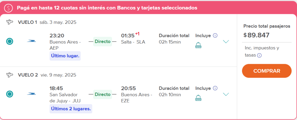 Salta desde Buenos Aires con regreso desde Jujuy Cuotas sin interés