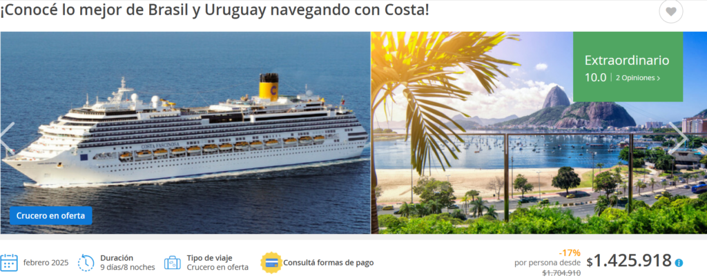 Cyber Monday Crucero por Brasil y Uruguay en verano con pensión completa desde Bs. As.