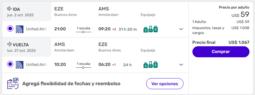 Ámsterdam con equipaje desde Buenos Aires