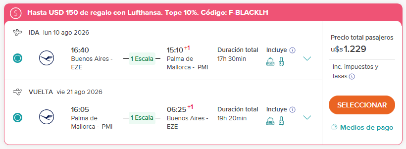 Black Friday Palma de Mallorca en Verano con Carry On y una escala corta desde Buenos Aires