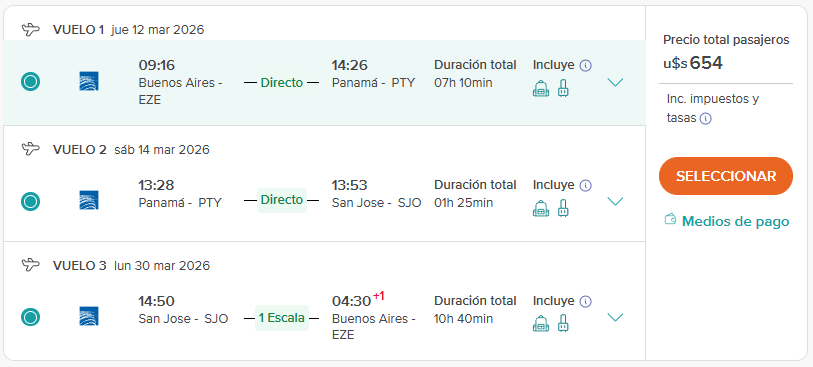Panamá San José con Carry On con tramos directos desde Buenos Aires