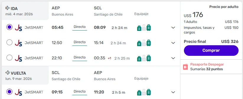 Santiago de Chile Directo y con Equipaje desde Aeroparque