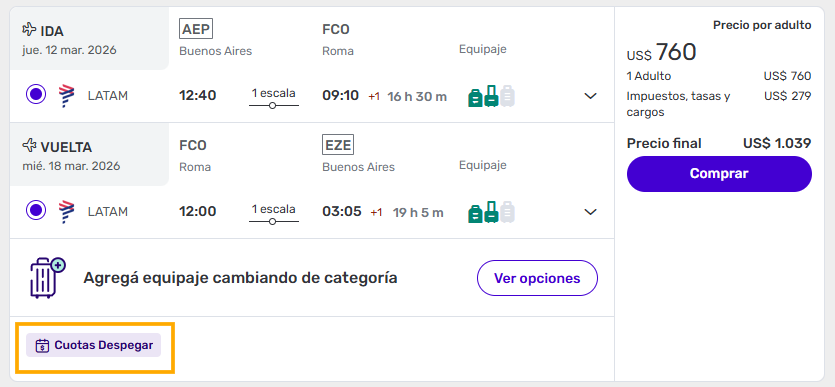 cuotas para Volar a Roma con Carry On desde Buenos Aires
